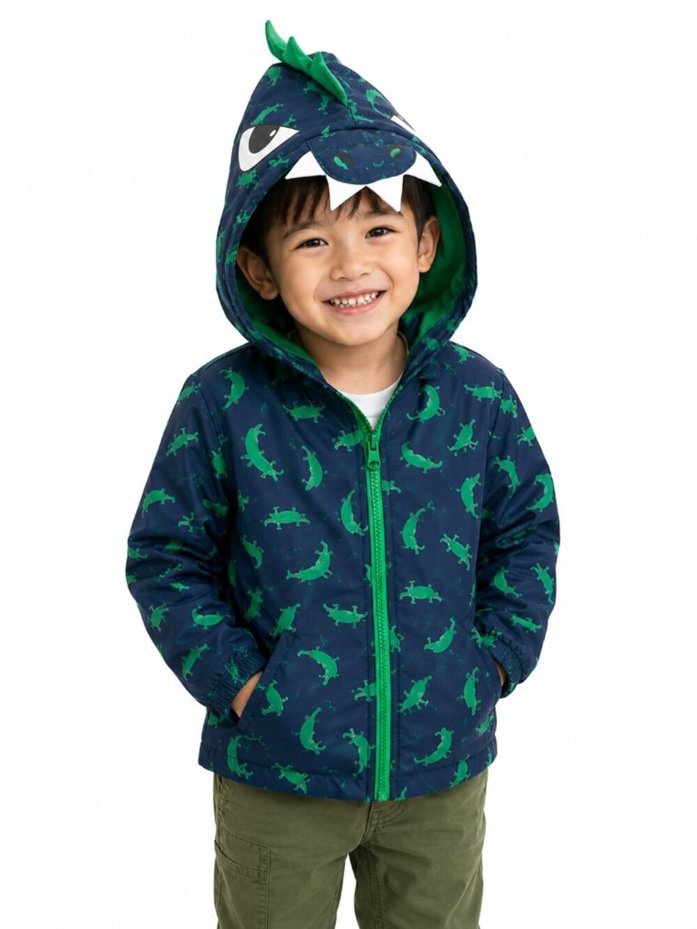 Little Rebels Dinosaur Rain Jacket Hooded Navy Green Monster Zip Coat 2T